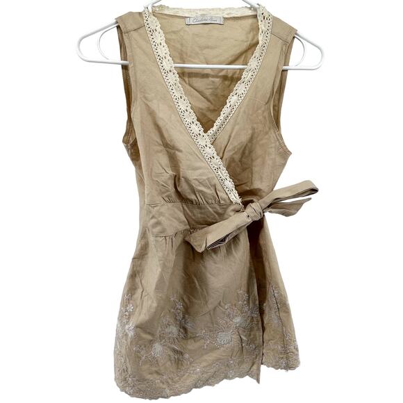 Charlotte Russe Tops - Vintage Charlotte Russe Wrap Blouse Top V Neck Embroidered Lace Trim Cream Small